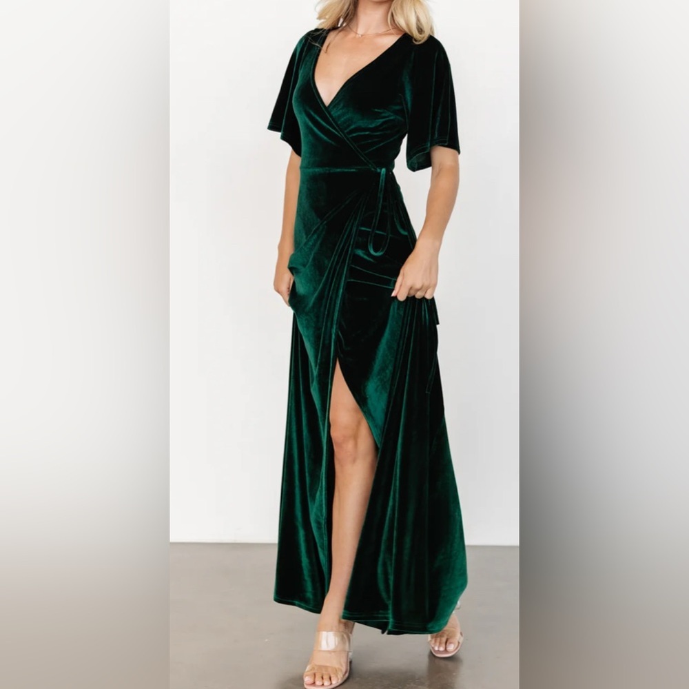 Baltic Born Meghan Velvet Maxi Wrap Dress in emerald green holiday chic